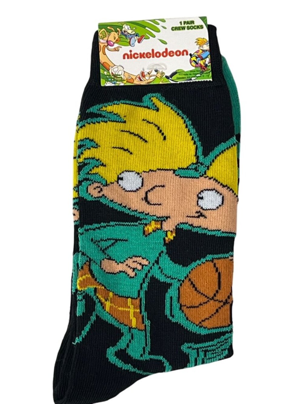 Hey Arnold Crew Socks Nickelodeon 90s Cartoon Black Green Men's 6-13 NWT